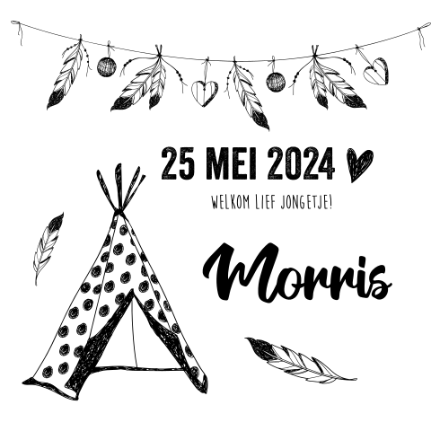 Geboortekaartje jongen zwart wit met tippi tent en veertjes