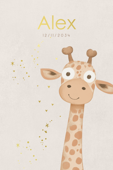 Beige neutraal geboortekaartje met een giraffe
