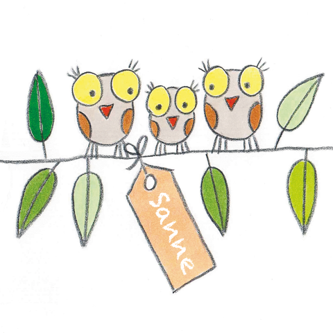Geboortekaartje met een uilen familie