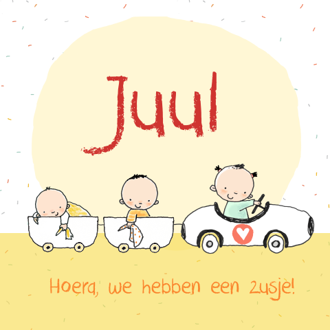 Geboortekaartje 3e kindje met grote broers in auto en karretje