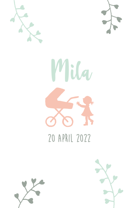 Silhouet geboortekaartje meisje kinderwagen grote zus