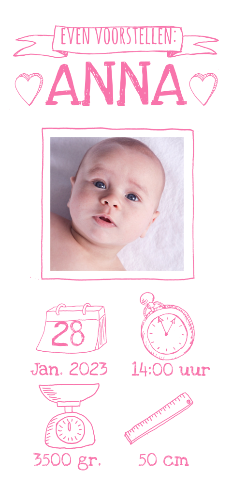 Lief getekend geboortekaartje met foto voor meisje