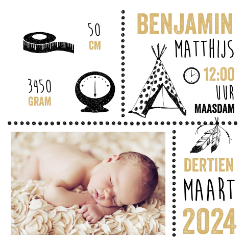 Geboortekaartje jongen met foto en symbolen