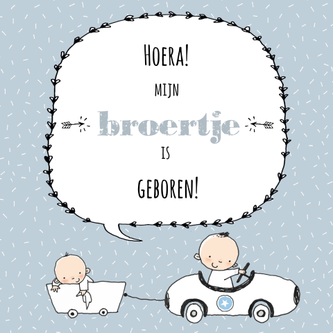Lief geboortekaartje voor jongen met broertjes in een race auto