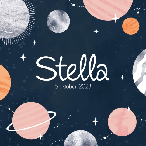 Geboortekaartje Jongen planeten en sterren roze oranje