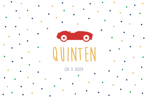 Geboortekaartje voor een jongen met stippen en een auto