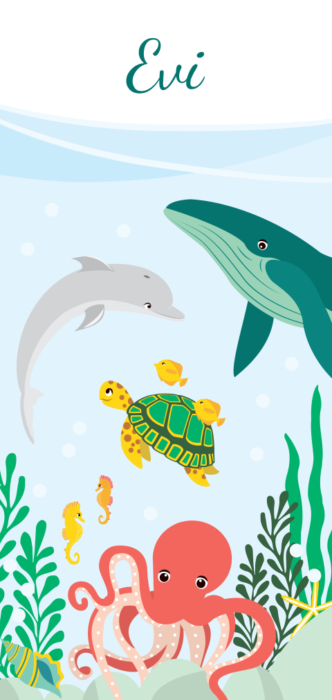 Hip en lief geboortekaartje voor een meisje met dieren uit de oceaan
