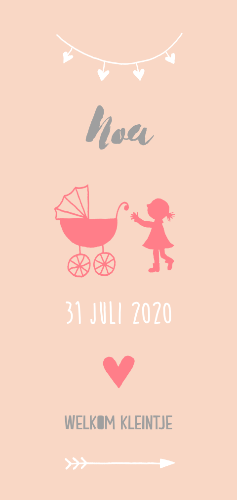 2e kindje geboortekaartje meisje silhouet kinderwagen