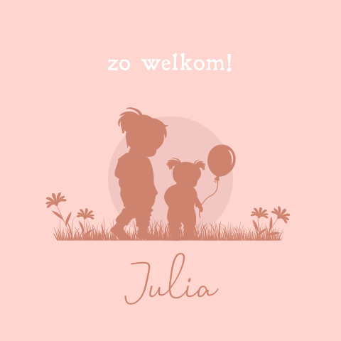 Geboortekaartje silhouet zusjes lopen ballon