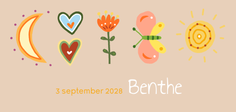 Geboortekaartje voor een meisje zon, maan, vlinder, bloem