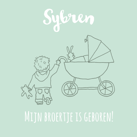 Geboortekaartje 2e kindje jongen en broer met kinderwagen.