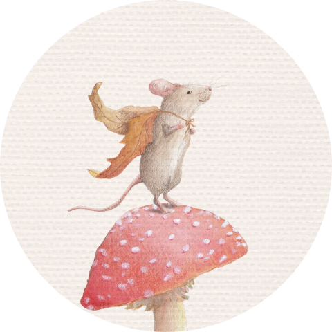 Beige sluitsticker met muisje op een paddestoel