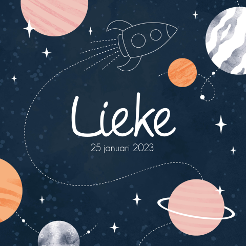 Geboortekaartje meisje raket, planeten en sterren roze oranje