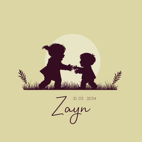Geboortekaartje zus en broertje die samen knuffelen silhouet 