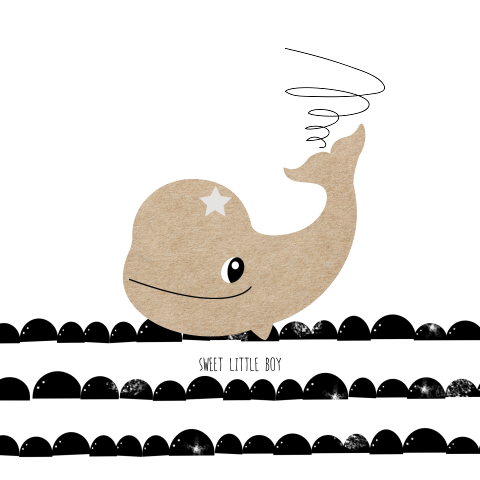 Lief zwart wit geboortekaartje jongen met walvis
