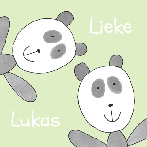 Vrolijke geboortekaart met panda tweeling