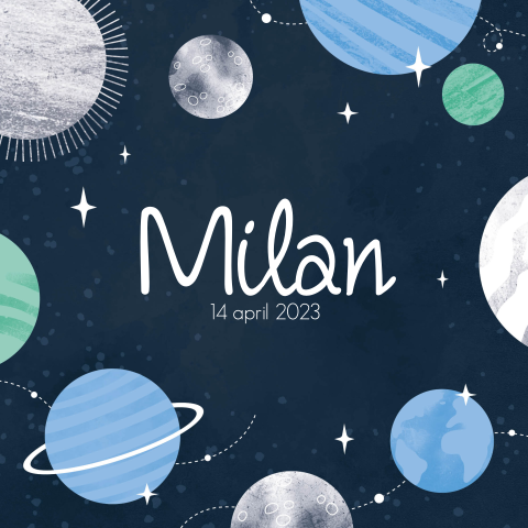 Geboortekaartje Jongen planeten en sterren blauw groen