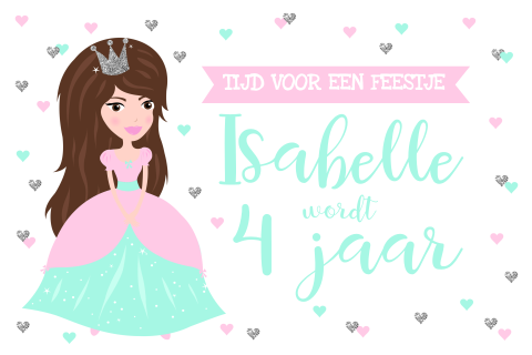 Uitnodiging verjaardagsfeestje meisje met prinses en hartjes