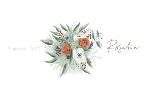Geboortekaartje meisje met bloemen in rood en paars