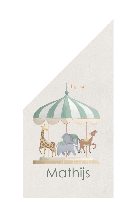 Een beige geboortevlag met een draaimolen met vrolijke dieren