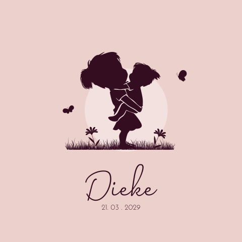 Geboortekaartje zusjes silhouet tekening die knuffelen