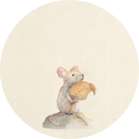 Beige sluitsticker met een muisje op een steen