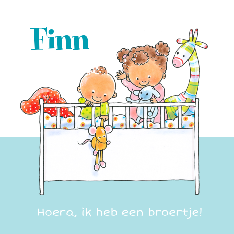Geboortekaartje met grote zus en baby in een ledikantje