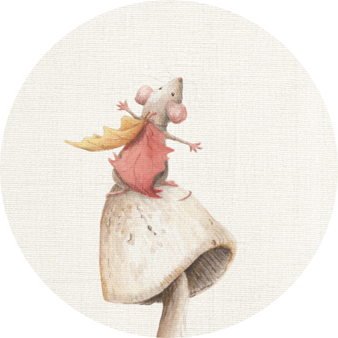 Beige sluitsticker met muisje op een grijze paddestoel