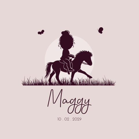 Geboortekaartje meisje met pony paard silhouet  en ruiter