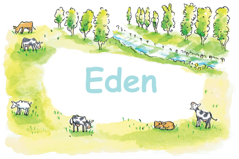 Getekend geboortekaartje jongen, weiland met dieren, bomen en kanaal