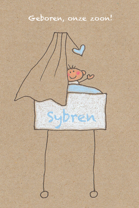 Kraft geboortekaartje met krijt tekening