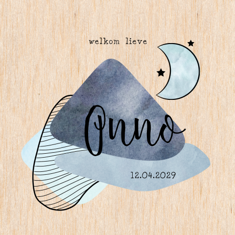 Houten geboortekaartjes geometrisch jongen met maan