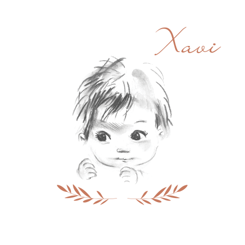 Pentekening geboortekaartje jongen met hoofd van kindje