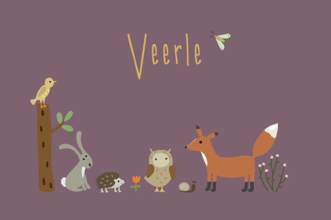 Geboortekaartje meisje bosdieren op paars in herfstthema