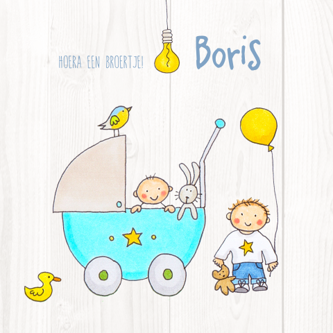 Geboortekaartje 2e kindje broertje in kinderwagen