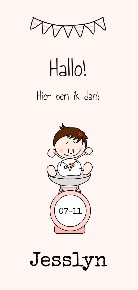 Grappig geboortekaartje meisje met baby op weegschaal