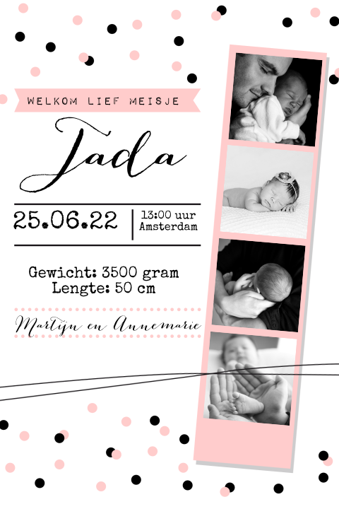 Geboortekaartje met fotostrip en confetti