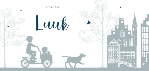 Bakfiets geboortekaartje voor 2e kindje met huisjes