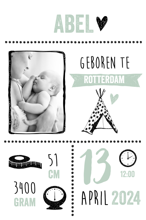 Geboortekaartje jongen tipi tent en eigen foto