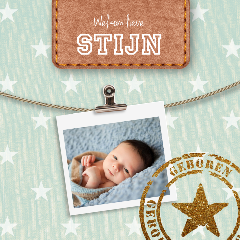 Geboortekaartje ster en stempel blauw jongen
