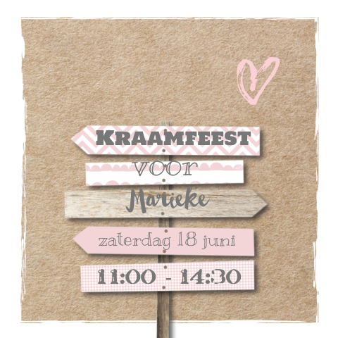 Kraamfeest uitnodiging met roze wegwijsborden