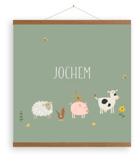 Groen canvasposter met boerderij dieren