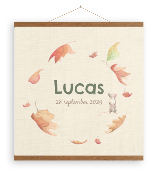 Beige canvasposter vallende blaadjes met houten latjes