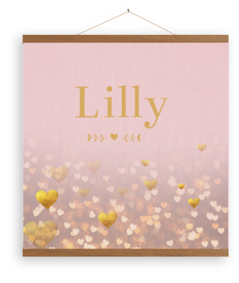 Roze canvasposter gouden hartjes met houten latjes
