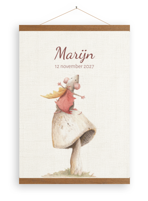 Beige canvasposter met muisje op grijze paddestoel houten latjes