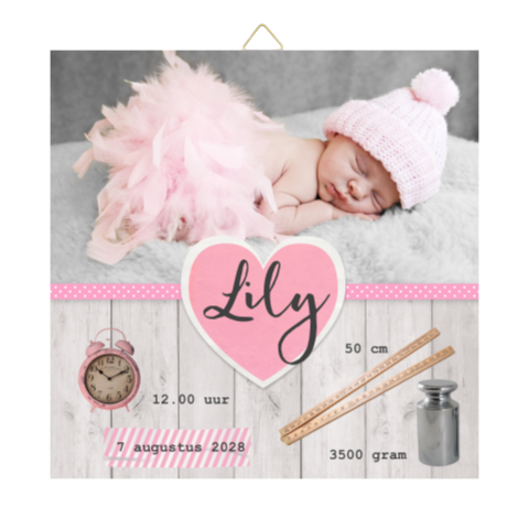 Tegel met foto, roze hart en steigerhout