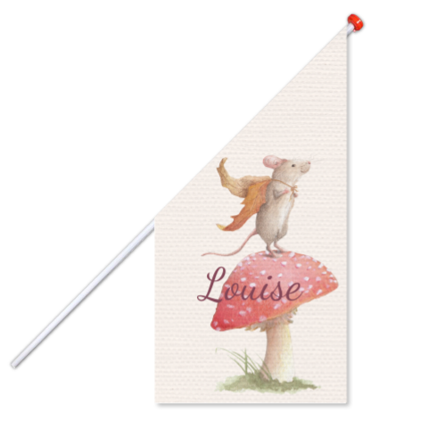 Een roze geboortevlag met een paddestoel