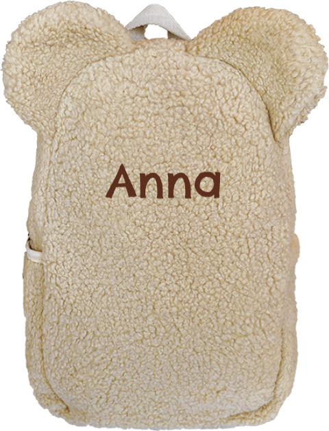 Teddy rugtas met naam in beige met oortjes