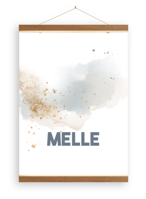 Canvasposter met houten latjes met blauwe watercolor en goudlook