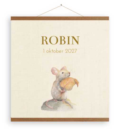 Beige canvasposter met muisje op steen met houten latjes